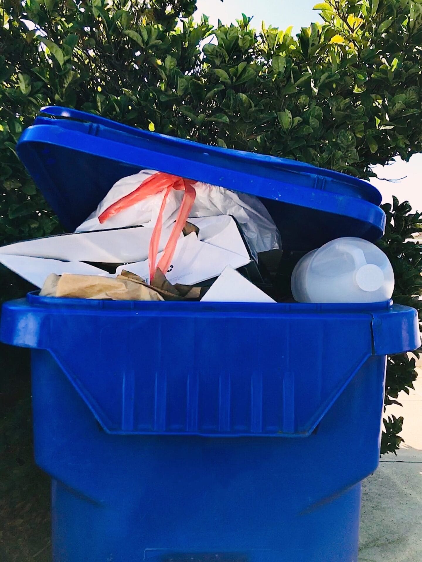 Recycling bin at a home residence in a neighborhood community of houses